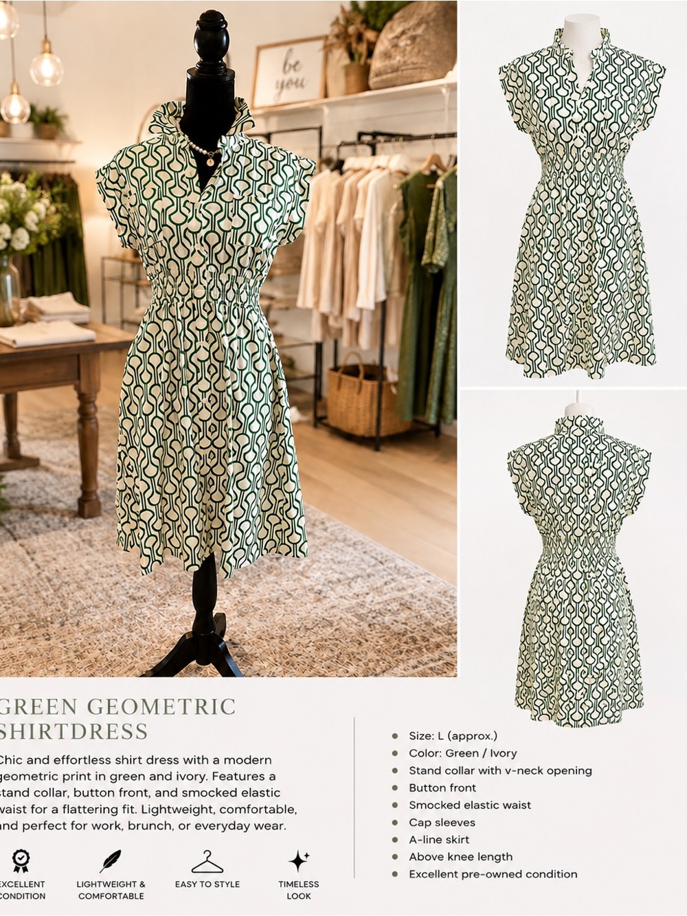 Monteau Green & White Geometric Shirt Dress